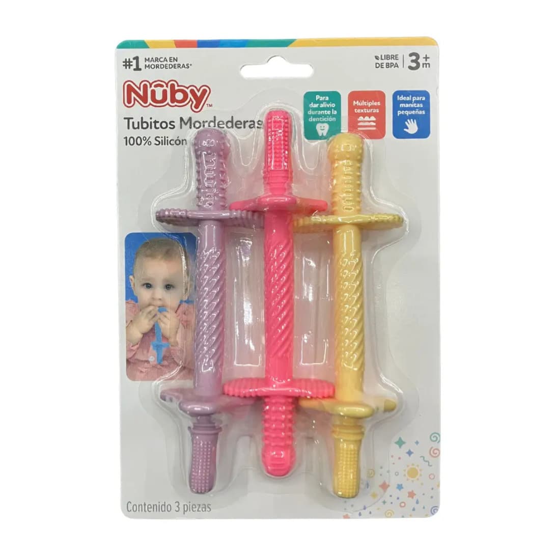 Mordedera En Forma De Tubitos De Silicon nuby paquete de 3 piezas de dentición para bebés, varillas de dentición de múltiples texturas, tamaño para manos pequeñas, 3M+, niña - Rosa Pálido - Ver 1