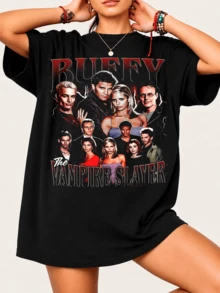 Buffy the Vampire Slayer Unisex-T-Shirt aus 100 % Baumwolle im Vintage-90er-Jahre-Bootleg-Design mit einer Collage von Charakteren aus der Kultserie – Retro-Stil, weich und einzigartig für Fans der Serie - Schwarz - Übersicht 1
