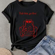Camiseta de mujer Gato en silla con gafas de sol Manga Corta Cuello Redondo Casual Adecuado para primavera y verano - Negro - Ver 1