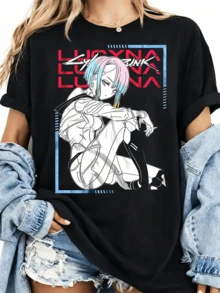 2026 Bootleg Style T-Shirt Featuring An Iconic Anime Cyberpunk Character Design With Line Art, LUCYNA Typography, And Blue-Red Accents. - Black - View 1