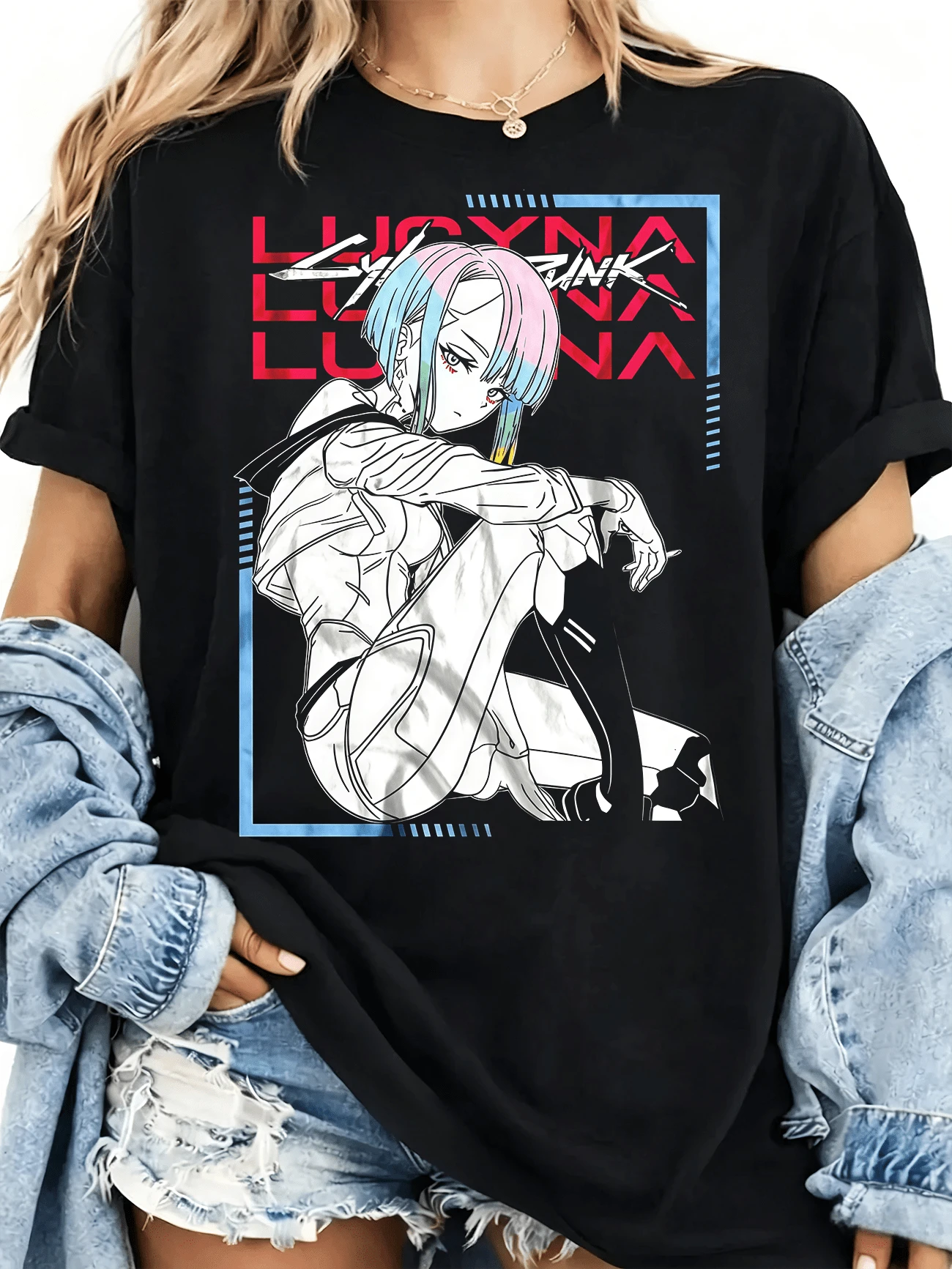 2026 Bootleg Style T-Shirt Featuring An Iconic Anime Cyberpunk Character Design With Line Art, LUCYNA Typography, And Blue-Red Accents. - Black - View 1