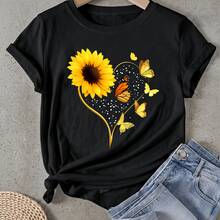Camiseta de mujer Mantequilla de Corazón de Girasol con Estampado de Mariposas Manga Corta Cuello Redondo Casual Adecuado para primavera y verano - Negro - Ver 1