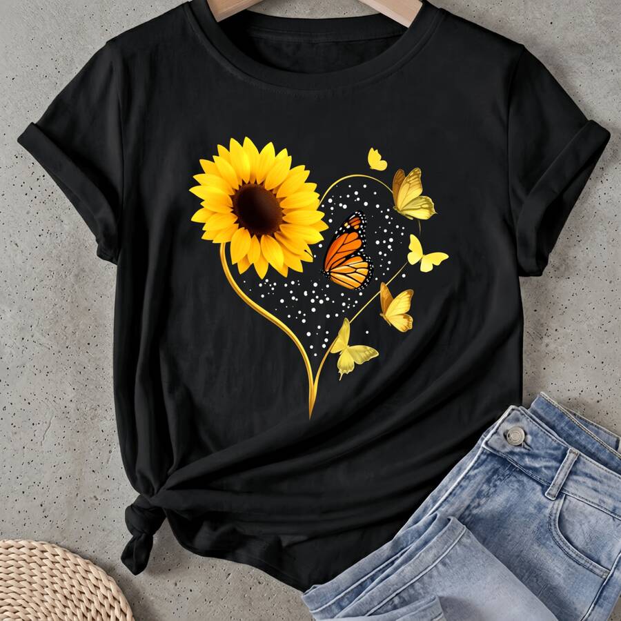 Camiseta de mujer Mantequilla de Corazón de Girasol con Estampado de Mariposas Manga Corta Cuello Redondo Casual Adecuado para primavera y verano - Negro - Ver 1