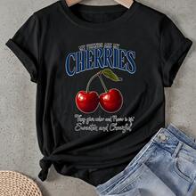 Camiseta de mujer Mis amigos son mis cerezas Manga Corta Cuello Redondo Casual Adecuado para primavera y verano - Negro - Ver 1