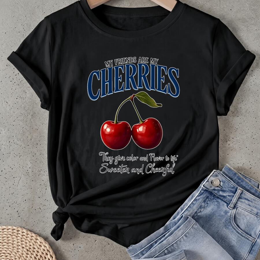 Camiseta de mujer Mis amigos son mis cerezas Manga Corta Cuello Redondo Casual Adecuado para primavera y verano - Negro - Ver 1