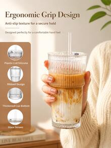 1 PCS Glass Cups With Lids And Glass Straws, 20 OZ Iced Coffee Cups, Home Essential And Coffee Bar Accessories, Glass Tumblers With Lid And Straw, Suitable For Coffee, Juice, Cocktails, And Tea. - Transparent - View 8
