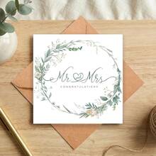 Premium Square Wedding Greeting Card, With Envelope, Wedding Couple Congratulations Card, Eucalyptus Wreath, Floral Pattern, Wedding Cake, Wedding Car - C - View 5