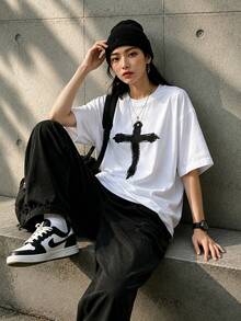 Envío local:Playera para Mujer Blanca con Estampado de Cruz, Camiseta Manga Corta Básica Cómoda para Verano y Estilo Casual - Blanco - Ver 2