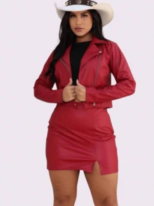 Women's Luxury Faux Leather Biker Jacket With Zipper - Marsala 02 - View 4