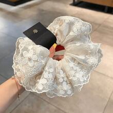 1pc Pearl Flower Lace Mesh Scrunchie, Suitable For Gentle Elegant Women For Commuting And Dating, Cream White Mesh Base With 3D Floral Embroidery Lace, Elegant Cute Country Style Bridal Hair Accessory, Soft Elastic Without Pulling Hair, Can Tie Ponytail And Bun, French Luxury Atmosphere Hair Ornament - Multicolor - View 2