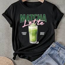 Camiseta de mujer Matcha Latte Ligeramente Dulce Crema Oprah Manga Corta Cuello Redondo Casual Adecuado para primavera y verano - Negro - Ver 1