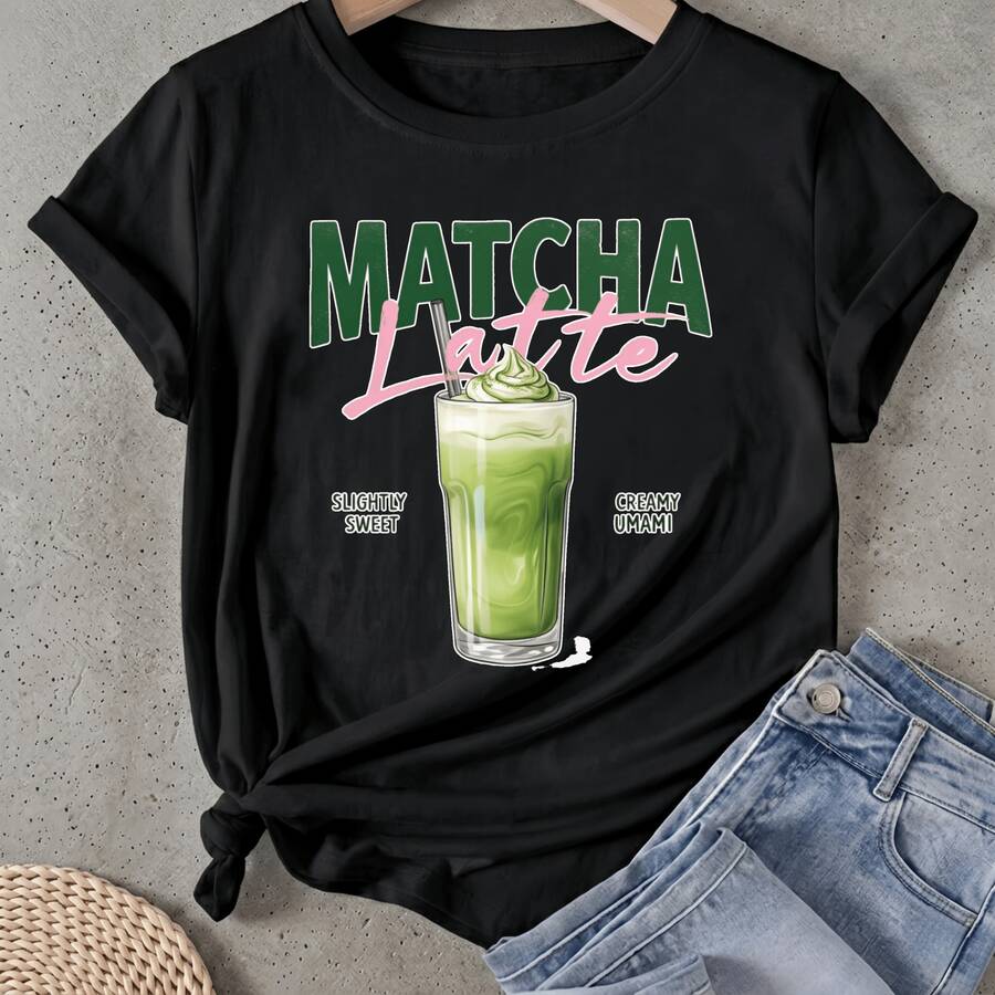 Camiseta de mujer Matcha Latte Ligeramente Dulce Crema Oprah Manga Corta Cuello Redondo Casual Adecuado para primavera y verano - Negro - Ver 1