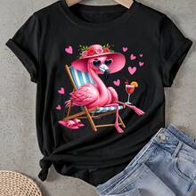 Camiseta de mujer Flamingo Con Sombrero Y Cóctel Manga Corta Cuello Redondo Casual Adecuado para primavera y verano - Negro - Ver 1