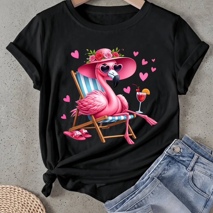 Camiseta de mujer Flamingo Con Sombrero Y Cóctel Manga Corta Cuello Redondo Casual Adecuado para primavera y verano - Negro - Ver 1