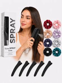 4pcs Spray Detangling Hair Brush Set With Satin Scrunchies & Hair Clips, 3-In-1 Spray Handle Comb For Anti-Frizz Flyaways, Refillable Water Mist Styling Brush For All Hair Types, Black - Spray Hairbrush - View 1