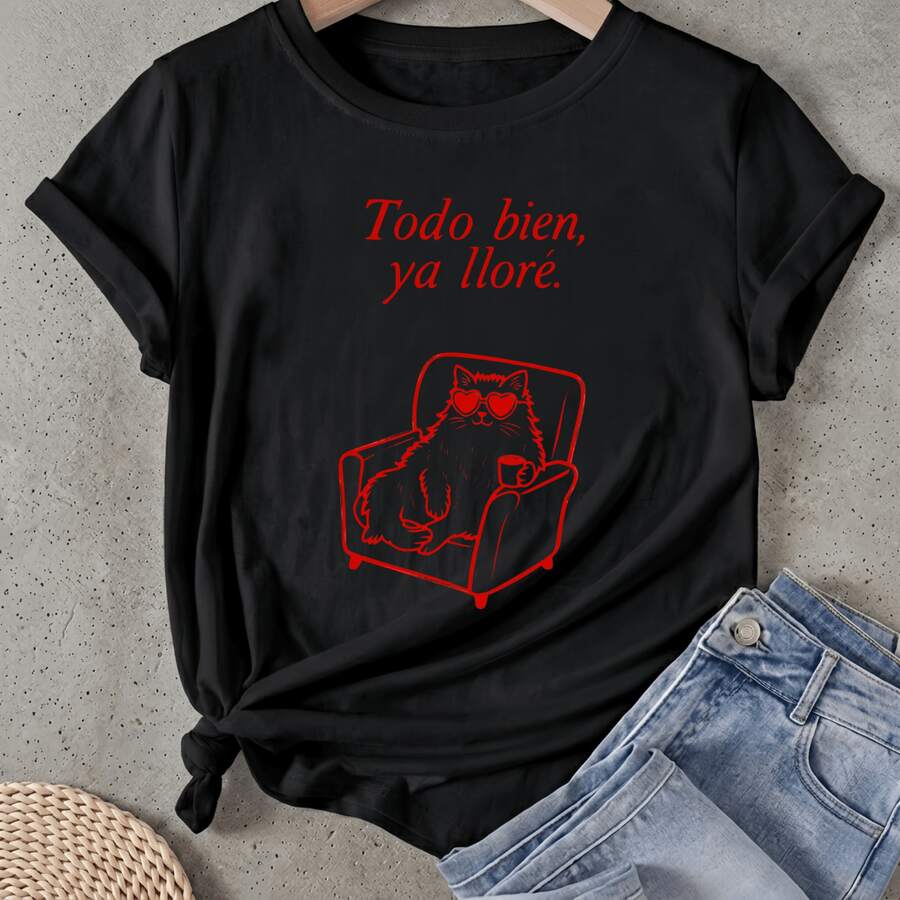 Camiseta de mujer Todo Bien Ya Lloré Cat Chair Manga Corta Cuello Redondo Casual Adecuado para primavera y verano - Negro - Ver 1