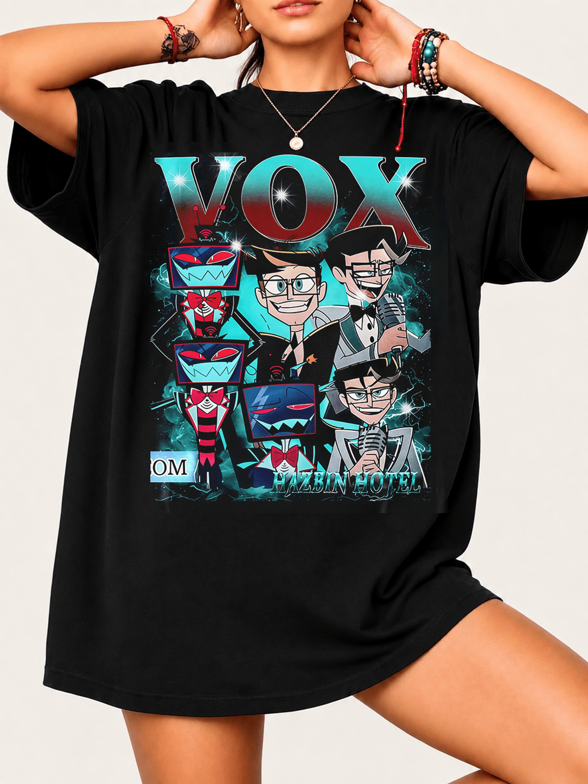 Vox Hazbinn Hotel T-Shirt - Collage Of Different Versions Of The Character, Dynamic Design. 100% Soft Cotton, Perfect For Everyday Wear For Fans. - 黑色 - 查看 1