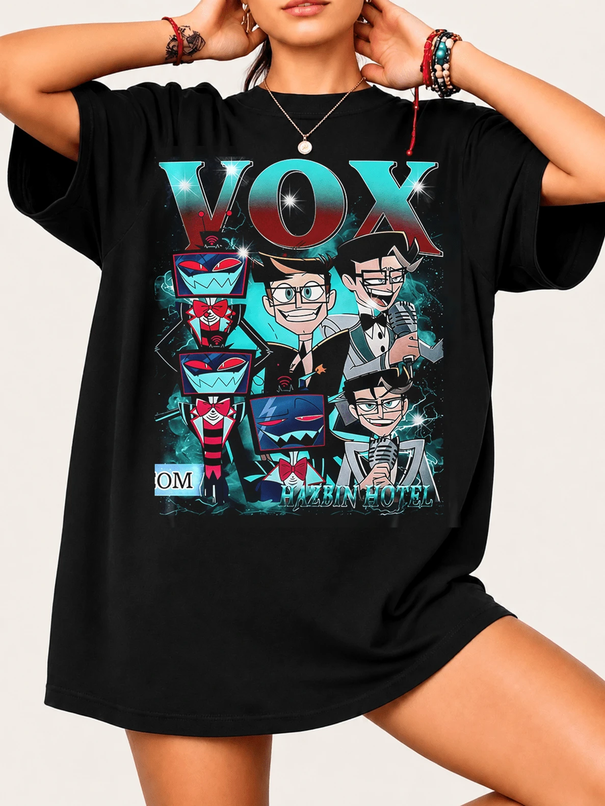 Vox Hazbinn Hotel T-Shirt - Collage Of Different Versions Of The Character, Dynamic Design. 100% Soft Cotton, Perfect For Everyday Wear For Fans. - Black - View 1