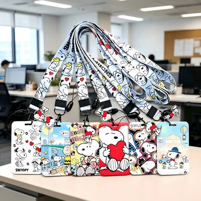  1pc Cute Snoopy Print Card Holder With Lanyard, Cartoon Style ID Card Case, Portable Keychain Strap For Students And Office Workers, School Supplies Accessory