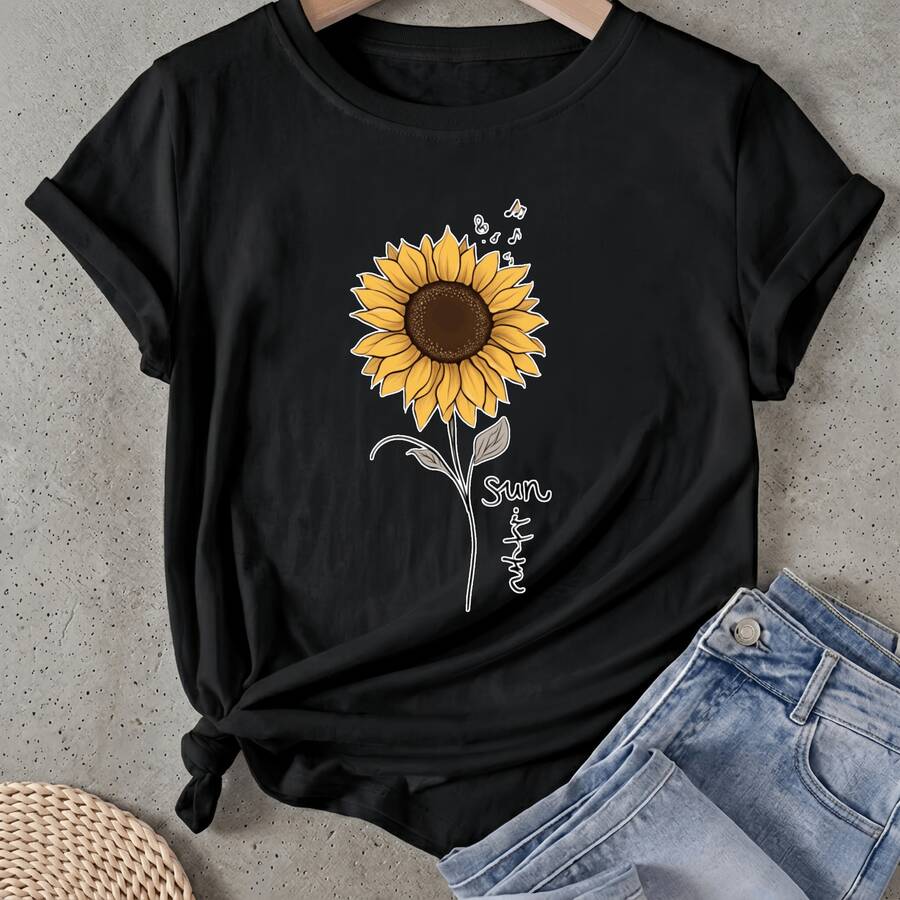 Camiseta de mujer Girasol con tallo y texto Manga Corta Cuello Redondo Casual Adecuado para primavera y verano - Negro - Ver 1