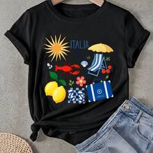 Camiseta de mujer Italia Sol Langosta Limón Playa Manga Corta Cuello Redondo Casual Adecuado para primavera y verano - Negro - Ver 1