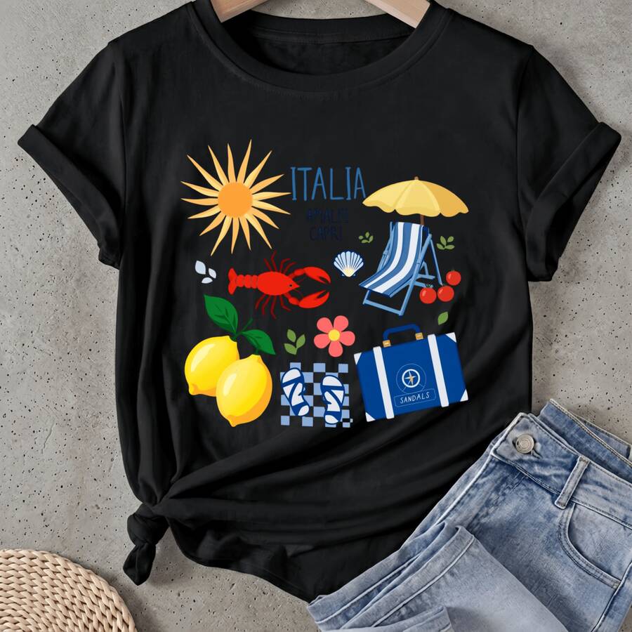 Camiseta de mujer Italia Sol Langosta Limón Playa Manga Corta Cuello Redondo Casual Adecuado para primavera y verano - Negro - Ver 1