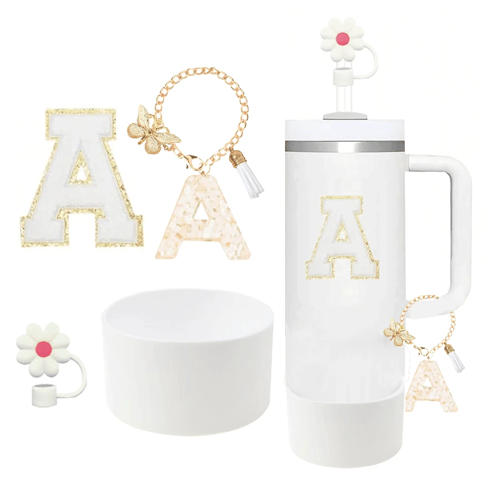 Bộ 4 phụ kiện cốc A-Z (30-40oz) gồm: 1 nắp ống hút, 1 mặt dây chuyền chữ, 1 đế bảo vệ silicone, 1 nhãn dán chữ, quà tặng bất ngờ cho ngày thường và lễ hội - trắng - Xem 1