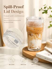 1 PCS Glass Cups With Lids And Glass Straws, 20 OZ Iced Coffee Cups, Home Essential And Coffee Bar Accessories, Glass Tumblers With Lid And Straw, Suitable For Coffee, Juice, Cocktails, And Tea. - Transparent - View 5