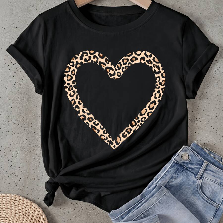 Camiseta de mujer Diseño de estampado de corazón de leopardo Manga Corta Cuello Redondo Casual Adecuado para primavera y verano - Negro - Ver 1