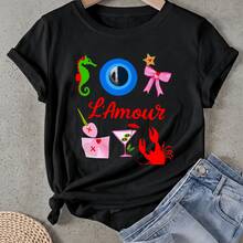 Camiseta de mujer Caballito de mar Ojo Arco L'amour Cóctel Cangrejo Manga Corta Cuello Redondo Casual Adecuado para primavera y verano - Negro - Ver 1