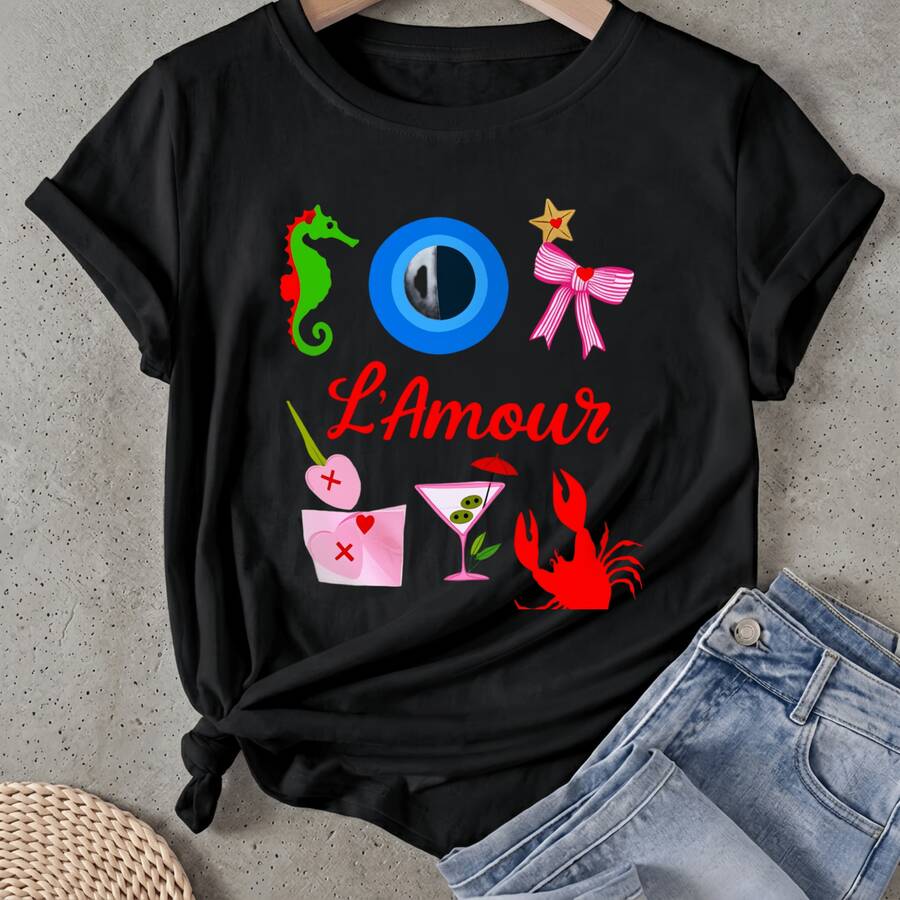 Camiseta de mujer Caballito de mar Ojo Arco L'amour Cóctel Cangrejo Manga Corta Cuello Redondo Casual Adecuado para primavera y verano - Negro - Ver 1