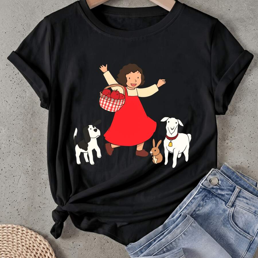 Camiseta de mujer Niña con canasta Perro Cabra Conejo Manga Corta Cuello Redondo Casual Adecuado para primavera y verano - Negro - Ver 1