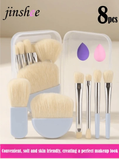 Juego de 8 piezas de prácticos mini pinceles de maquillaje JINSHEE, pinceles de fibra sintética súper suave para polvos, rubor y maquillaje perfecto, caja de belleza portátil para viajes, kit de maquillaje completo imprescindible para principiantes, herramientas de maquillaje para viajes recomendadas por maquilladores profesionales