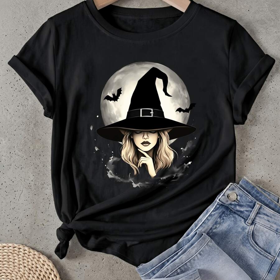 Camiseta de mujer Sombrero de bruja Luna Murciélagos Nubes Manga Corta Cuello Redondo Casual Adecuado para primavera y verano - Negro - Ver 1
