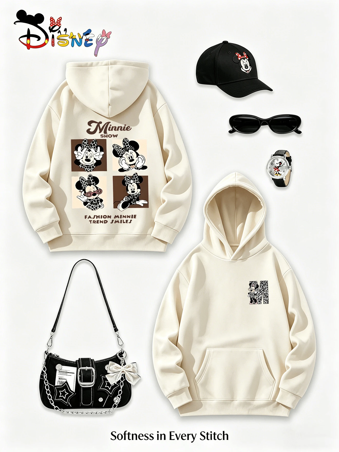 Disney Minnie Mouse Y2K Print Sweatshirt FASHION MINNIE  Playful Text Print Loose Fit Top Casual And Versatile Everyday Style (Women's Autumn/Winter Clothing/Elegant Women's Outfits/Patterned Hoodies/Printed Tops/Casual Outfits For Women/Women Trending Now/Holiday Co-Ord/Plus Size Friendly) - Màu be - Xem 1