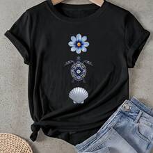Camiseta de mujer Diseño de patrón de caparazón de tortuga con flores Manga Corta Cuello Redondo Casual Adecuado para primavera y verano - Negro - Ver 1