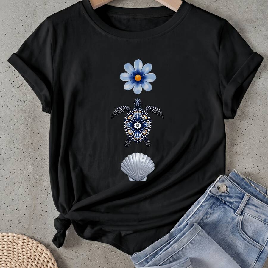Camiseta de mujer Diseño de patrón de caparazón de tortuga con flores Manga Corta Cuello Redondo Casual Adecuado para primavera y verano - Negro - Ver 1