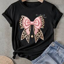 Camiseta de mujer Diseño de leopardo con lazo rosa Manga Corta Cuello Redondo Casual Adecuado para primavera y verano - Negro - Ver 1