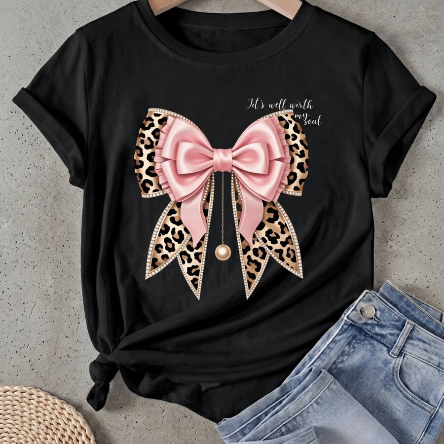 Camiseta de mujer Diseño de leopardo con lazo rosa Manga Corta Cuello Redondo Casual Adecuado para primavera y verano - Negro - Ver 1