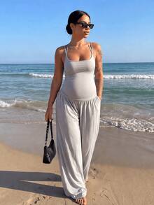 Gray Maternity Spaghetti Strap Jumpsuit - Casual Sleeveless Wide Leg Loungewear With Pockets.Suitable For Pregnant Women In The First Three Months - Grey - View 2