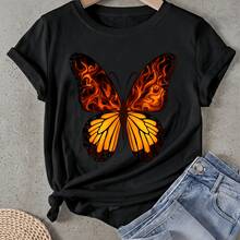 Camiseta de mujer Diseño e Impresión de Mariposa de Llama Manga Corta Cuello Redondo Casual Adecuado para primavera y verano - Negro - Ver 1