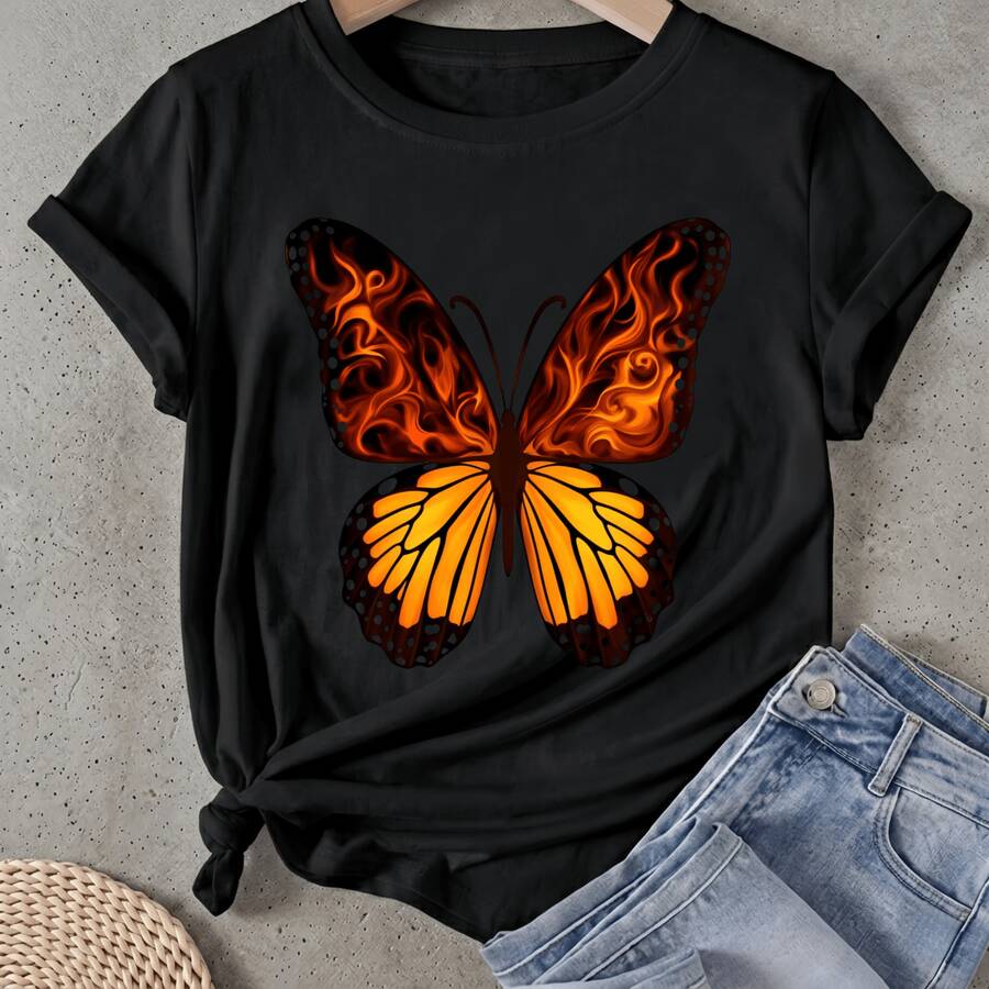 Camiseta de mujer Diseño e Impresión de Mariposa de Llama Manga Corta Cuello Redondo Casual Adecuado para primavera y verano - Negro - Ver 1