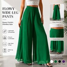 Green Wide Leg Pants Women High Waist Elastic Palazzo Lightweight Soft Fabric Summer Nature Style Resort Vacation Beach Daily Wear Boho Chic Fashionable (Local Warehouse Discounts.) - 綠色 - 查看 1