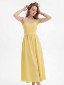 Solid Color Sexy U-Neck Ruched Cami Dress With Flared Hem Party Summer Elegant - Yellow - View 4