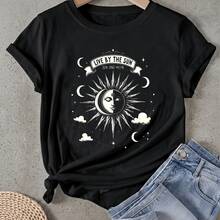 Women's T-Shirt With Sun And Moon Design, Short Sleeve, Round Neck, Casual Style, Suitable For Spring And Summer - 黑色 - 查看 1