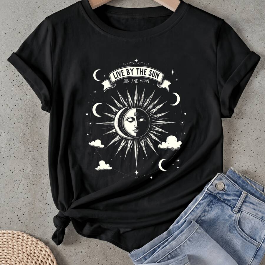 Women's T-Shirt With Sun And Moon Design, Short Sleeve, Round Neck, Casual Style, Suitable For Spring And Summer - 黑色 - 查看 1