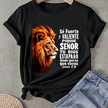 Women's T-Shirt With Lion Face And Bible Verse, Short Sleeve, Round Neck, Casual, Suitable For Spring And Summer - 黑色 - 查看 1