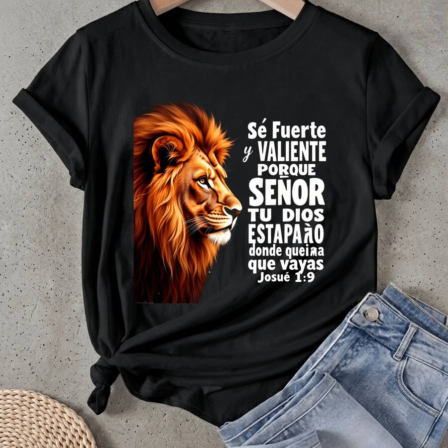 Women's T-Shirt With Lion Face And Bible Verse, Short Sleeve, Round Neck, Casual, Suitable For Spring And Summer - 黑色 - 查看 1