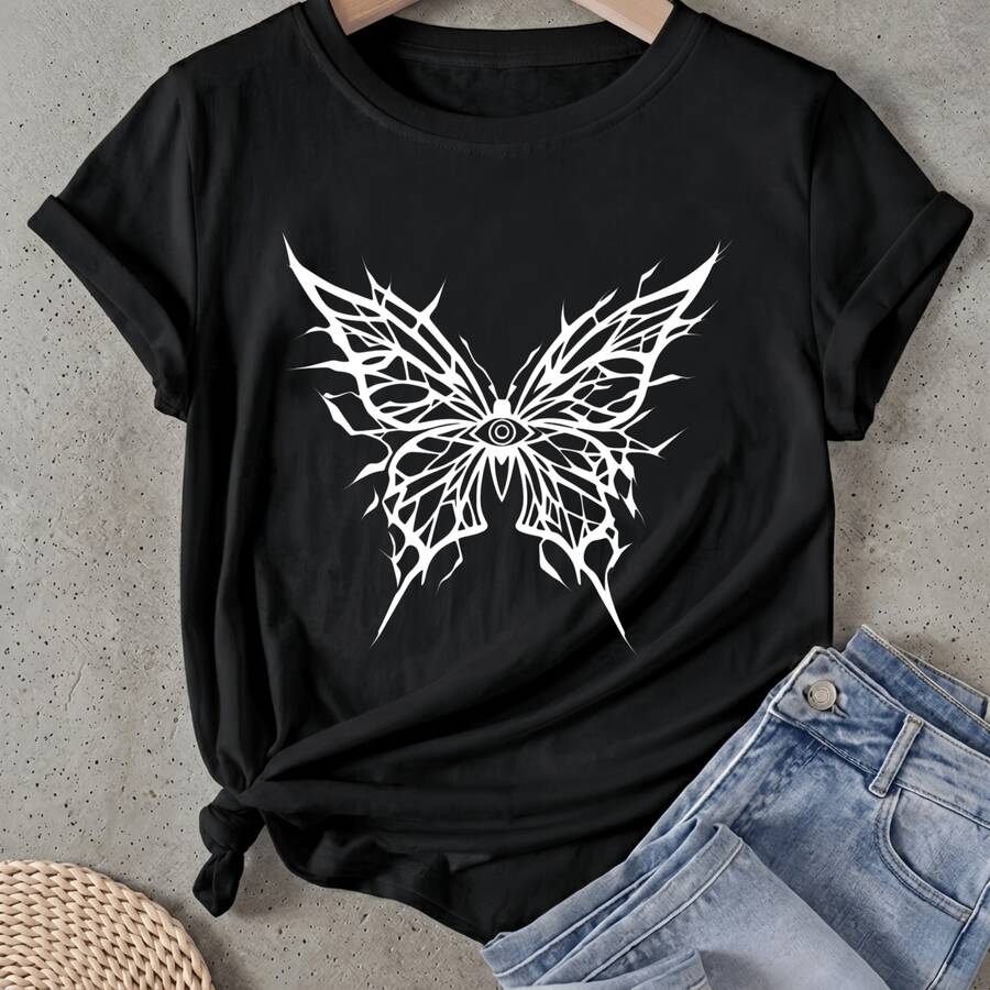 Camiseta de mujer Mariposa blanca con alas espinosas Manga Corta Cuello Redondo Casual Adecuado para primavera y verano - Negro - Ver 1