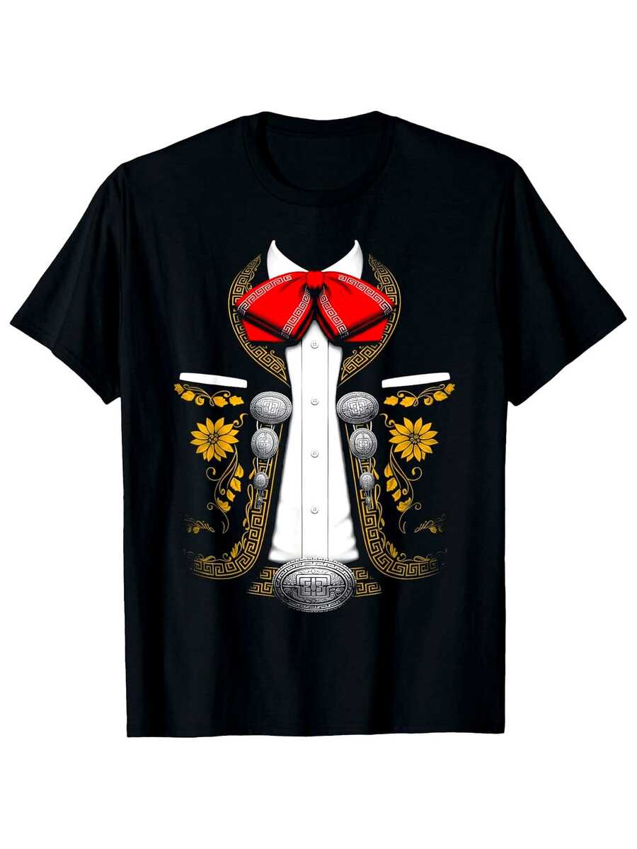 Camiseta Tradicional de Mariachi para Hombres - Traje de Banda Musical Mexicana con Corbata de Moño y Detalles Florales - Camiseta Suave y Transpirable para Presentaciones de Mariachi, Ideal para Eventos Culturales, Conciertos, Regalos para Amantes de la Música - Atuendo Formal Mexicano para Hombres